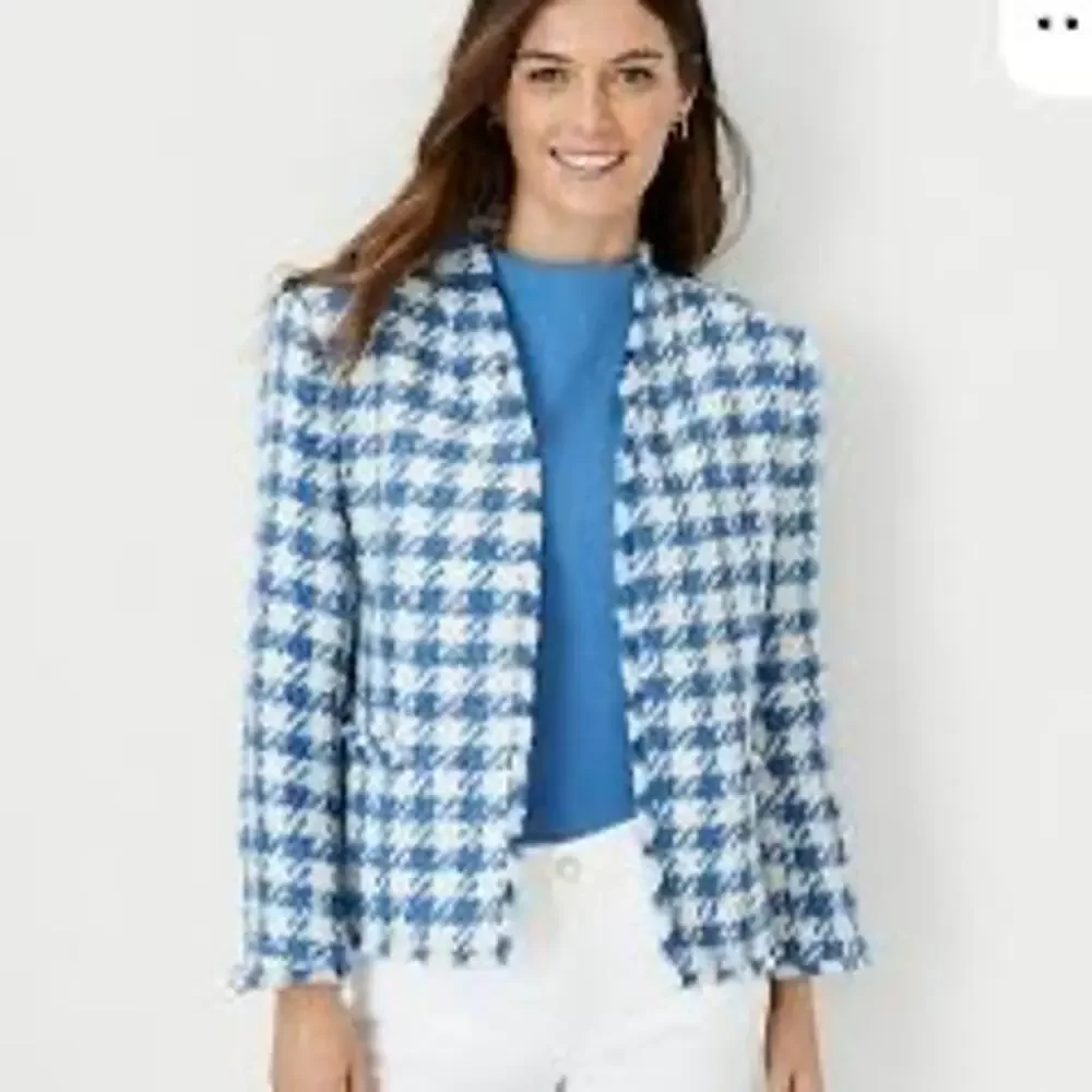 Ann Taylor Blue White Tweed Fringe The Cutaway Jacket Women’s Large Open Front